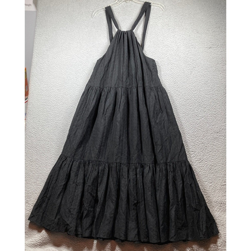 French Connection Maxi Dress Womens S Black Halter Tiered Crinkle Flowy NEW